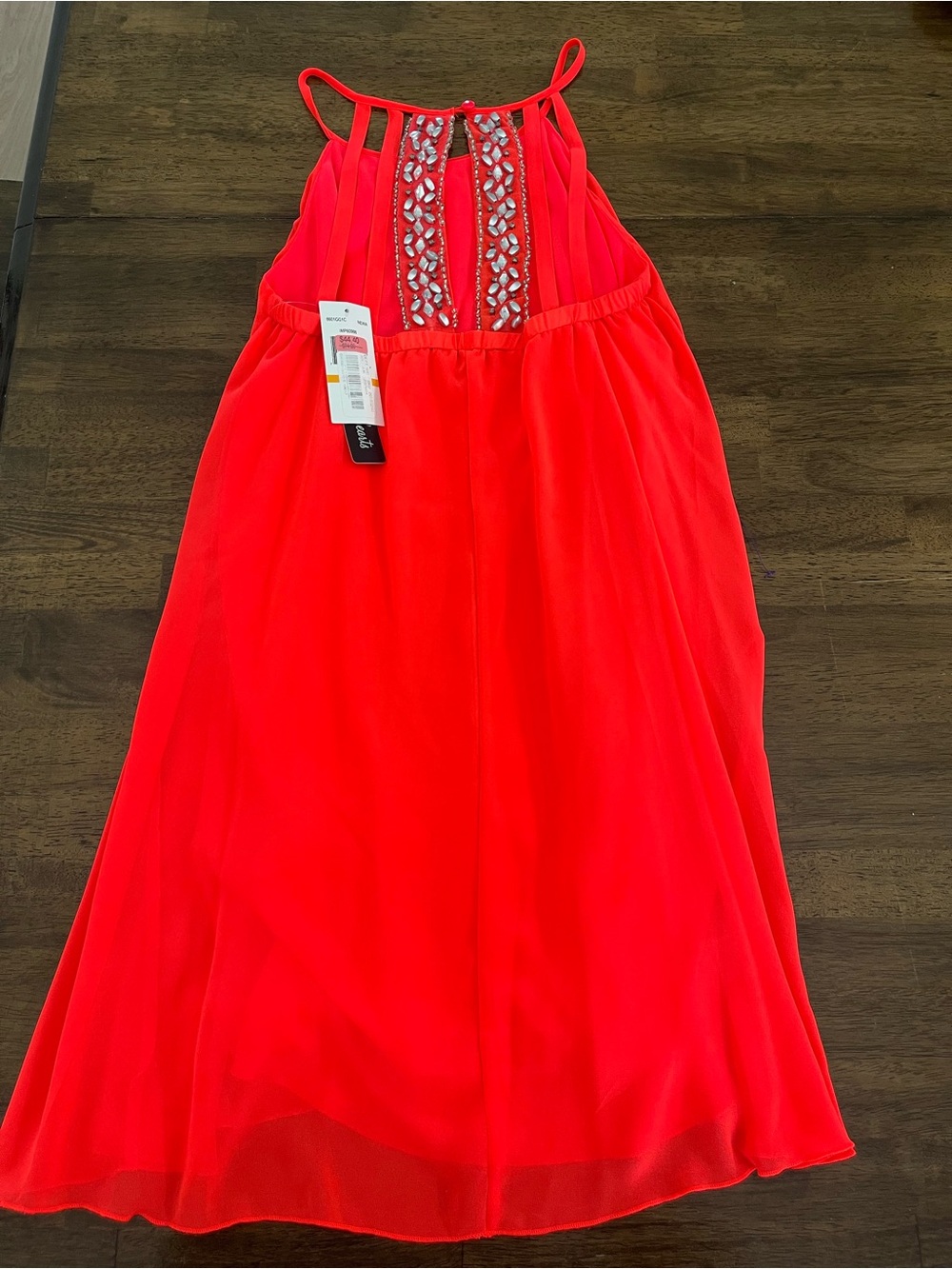 Sequin Hearts Neon Coral Beaded Back Strap Dress Flowy Halter Sz Small NWT - Picture 5 of 8